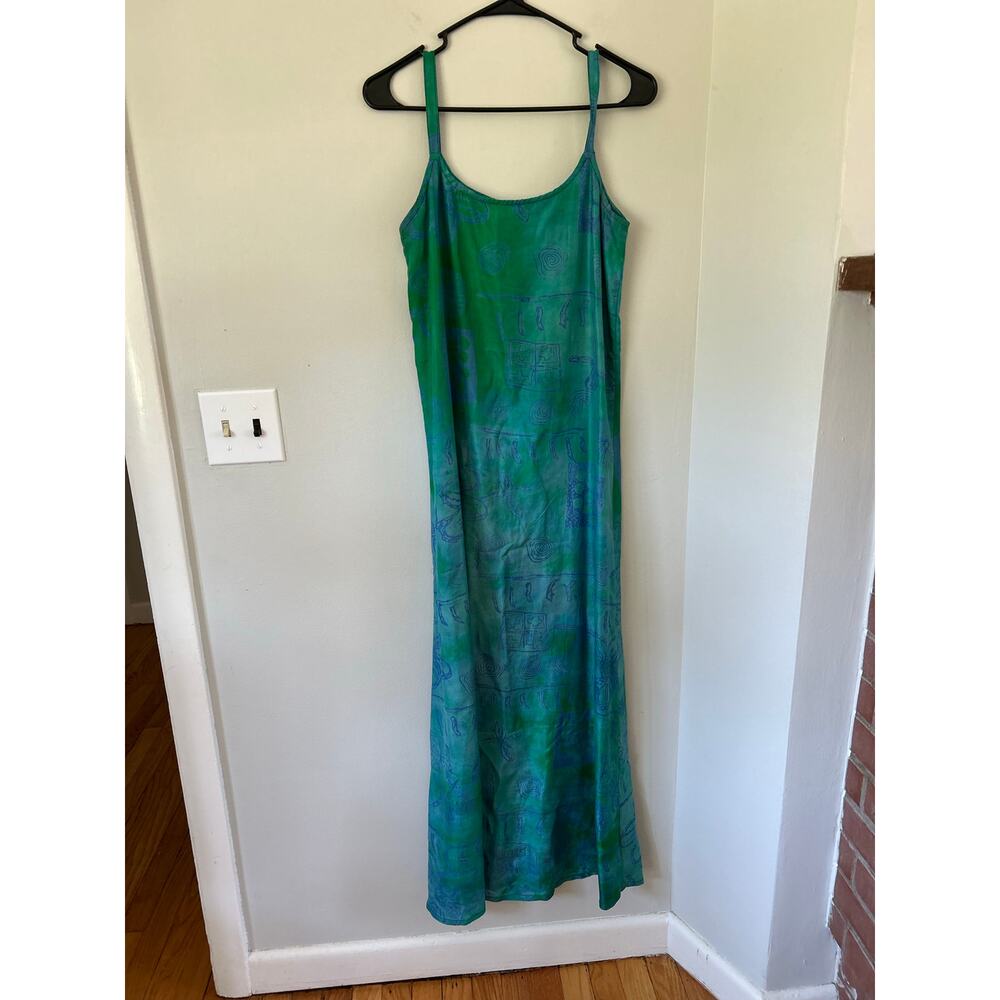 Fashion Fuse 100% Silk Boho Green and Blue Maxi Dress Spaghetti Straps Size S